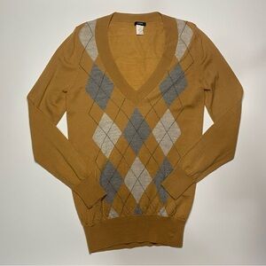J Crew Medium 100% Merino Wool V Neck Argyle Sweater